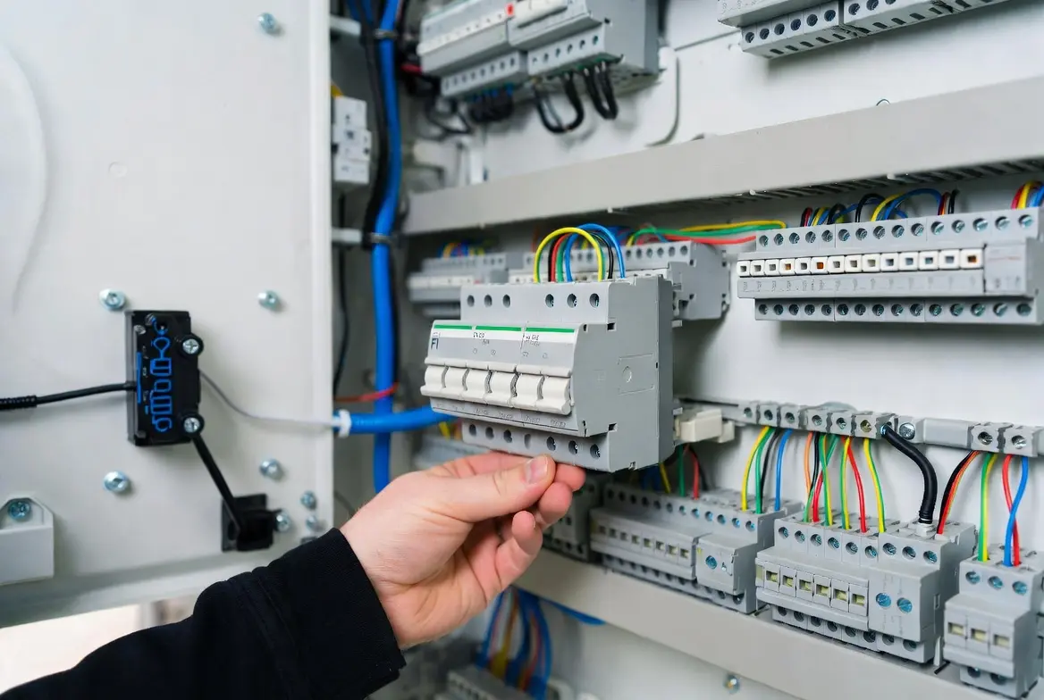 Fachmann installiert FI-Schalter in modernem Elektroschrank – Professionelle Elektroinstallation durch Schatz Elektrotechnik GmbH